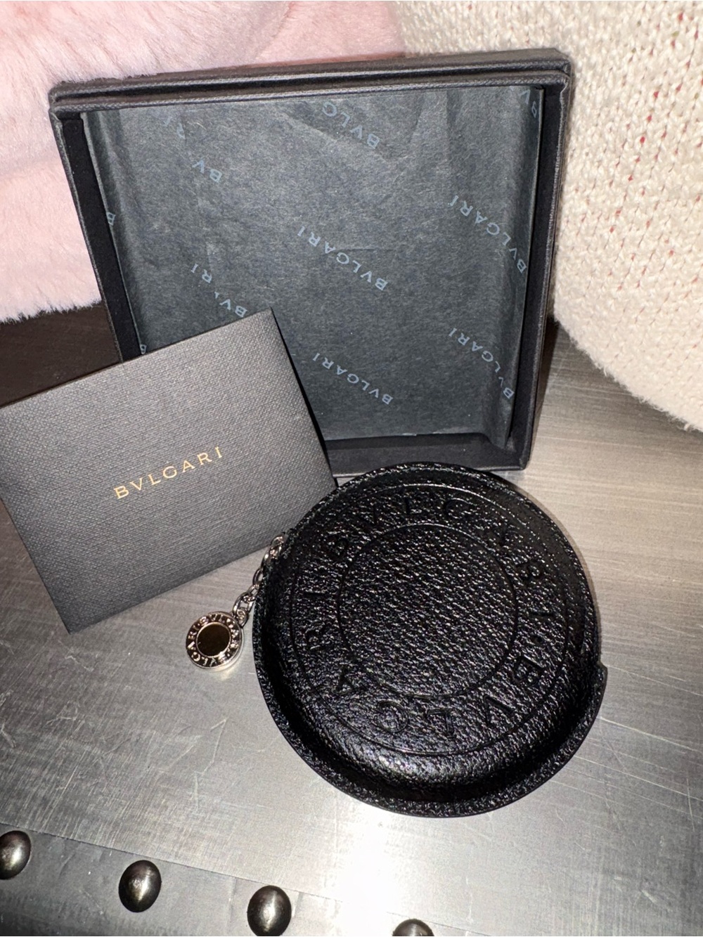 Bulgari Black Round Leather Coin purse with Branded Charm